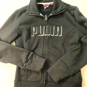 PUMA Jacket Sweatshirt Womens Small Black Spell out Fitted Fleece Lined EUC